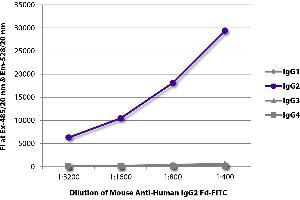 FLISA plate was coated with purified human IgG1, IgG2, IgG3, and IgG4. (Souris anti-Humain IgG2 (Fd Region) Anticorps (Biotin))