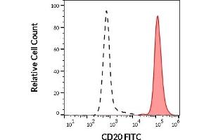 Separation of human CD20 positive lymphocytes (red-filled) from neutrophil granulocytes (black-dashed) in flow cytometry analysis (surface staining) of human peripheral whole blood stained using anti-human CD20 (LT20) FITC antibody (20 μL reagent / 100 μL of peripheral whole blood).