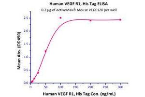 Immobilized  Mouse VEGF120 (Cat# VE0-M4211) at 2 μg/mL (100 μl/well) can bind Human VEGF R1, His Tag (Cat# VE1-H5220) with a linear range of 3-50 ng/mL.
