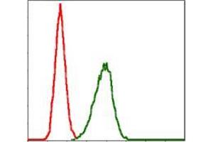 Flow cytometric analysis of Hela cells using LPlunc1 mouse mAb (green) and negative control (red).