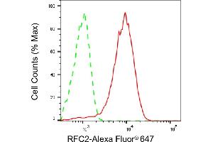 Flow cytometric analysis of RFC2 expression in HeLa cells using RFC2 antibody (ABIN7800170), 1:2,000).