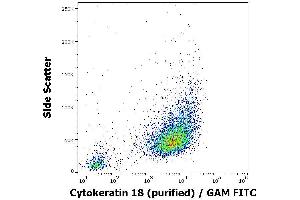 Flow cytometry intracellular staining pattern of HeLa cell suspension stained using anti-cytokeratin 18 (C-04) purified antibody (concentration in sample 0,6 μg/ml) GAM FITC.