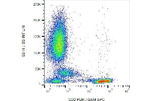 Flow cytometry analysis (surface staining) of human peripheral blood cells with anti-human CD2 (LT2) purified, GAM-APC. (CD2 anticorps)