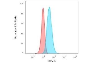 Flow Cytometric Analysis of HeLa cells using Cytokeratin 13 Mouse Monoclonal Antibody (KRT13/2213) followed by Goat anti-Mouse IgG-CF488 (Blue); Isotype Control (Red).