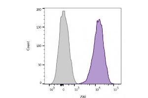 Flow Cytometric Analysis of live Jurkat cells unstained (grey) and using CD45 Mouse Monoclonal Antibody (2B11+PD7/26) conjugated with CF680 (purple).