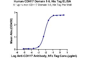 Immobilized Human CDH17 Domain 1-6, His Tag at 1_g/mL (100_l/Well) on the plate. (LI Cadherin Protein (AA 23-667) (His tag))