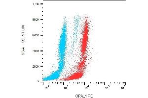 Flow cytometry analysis of OPAL1 in human peripheral blood + lyophilized SP2 cells using mouse monoclonal antibody anti-OPAL1 PE. (OPAL1 anticorps  (AA 152-342) (PE))