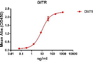 ELISA plate pre-coated by 2 μg/mL (100 μL/well) Human GITR protein, hFc-His tagged protein ((ABIN6961091, ABIN7042211 and ABIN7042212)) can bind Rabbit anti-GITR monoclonal antibody(clone: DM78) in a linear range of 1-100 ng/mL. (TNFRSF18 anticorps  (AA 266-162))