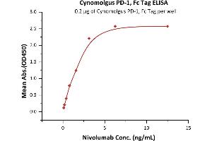 Immobilized Cynomolgus PD-1, Fc Tag (ABIN2181604,ABIN2181603) at 2 μg/mL (100 μL/well) can bind Nivolumab with a linear range of 0.