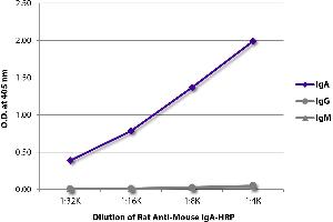 ELISA plate was coated with purified mouse IgM, IgG, and IgA. (Rat anti-Souris IgA (Heavy Chain) Anticorps (HRP))