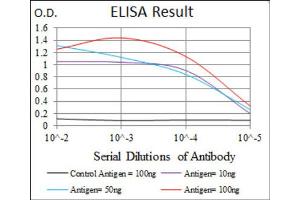 Red: Control Antigen (100ng) ; Purple: Antigen (10ng) ; Green: Antigen (50ng) ; Blue: Antigen (100ng).