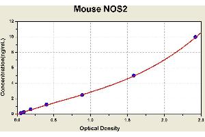 Diagramm of the ELISA kit to detect Mouse NOS2with the optical density on the x-axis and the concentration on the y-axis. (NOS2 Kit ELISA)