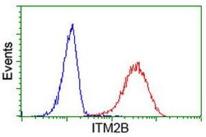 Flow cytometric Analysis of Hela cells, using anti-ITM2B antibody (ABIN2454457), (Red), compared to a nonspecific negative control antibody, (Blue). (ITM2B anticorps)