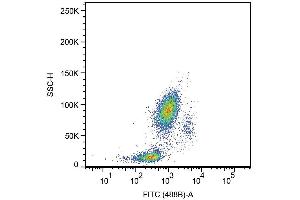 Surface staining of human peripheral blood leukocytes with anti-human CD33 (HIM3-4) FITC. (CD33 anticorps  (Biotin))