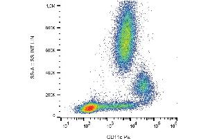 Flow cytometry analysis (surface staining) of human peripheral blood cells with anti-CD11c (BU15) PE.