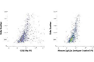 Flow cytometry surface staining patterns of KIR3DL3 (CD158z) transfected HEK-293 suspension stained using anti-human CD158z (CH21) PE antibody (concentration in sample 5 μg/mL, left) or mouse IgG2a isotype control (MOPC-173) PE antibody (concentration in sample 5 μg/mL, same as CD158z PE concentration, right). (KIR3DL3 anticorps  (PE))