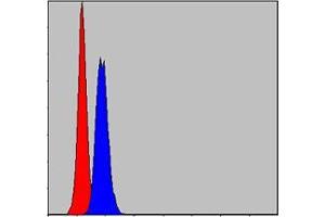 Flow cytometric analysis of MCF-7 cells using PHB mouse mAb (blue) and negative control (red).