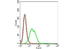 HEK 293T cells probed with NTCP/SLC10A1 Polyclonal Antibody, Unconjugated  at 1:20 for 30 minutes followed by incubation with a conjugated secondary (PE Conjugated) (green) for 30 minutes compared to control cells (blue), secondary only (light blue) and isotype control (orange).