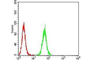 Flow cytometric analysis of HepG2 cells using NR1I2 mouse mAb (green) and negative control (red).