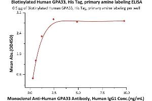 Immobilized Biotinylated Human GPA33, His Tag, primary amine labeling (ABIN2444136,ABIN2444135) at 5 μg/mL (100 μL/well) on streptavidin precoated (0. (GPA33 Protein (AA 22-235) (His tag,Biotin))