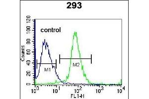 TNFSF15 Antibody (Center) (ABIN655822 and ABIN2845246) flow cytometric analysis of 293 cells (right histogram) compared to a negative control cell (left histogram).