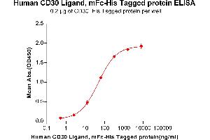 ELISA plate pre-coated by 2 μg/mL (100 μL/well) Human CD30, His tagged protein ABIN6961166, ABIN7042361 and ABIN7042362 can bind Human CD30 Ligand,mFc-His tagged protein(ABIN6961111, ABIN7042251 and ABIN7042252) in a linear range of 2.