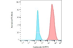 Separation of MCF-7 human breast adenocarcinoma cell line (red) from human peripheral whole blood (blue) in flow cytometry analysis (intracellular staining) stained using anti-human cytokeratin 19 (A53-B/A2) FITC antibody (concentration in sample 9 μg/mL).