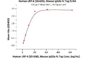 Immobilized Mouse Dkk-1, His Tag (ABIN2870732,ABIN2870733) at 5 μg/mL (100 μL/well) can bind Human LRP-6 (20-630), Mouse IgG2a Fc Tag (ABIN6923175,ABIN6938849) with a linear range of 10-78 ng/mL (QC tested).