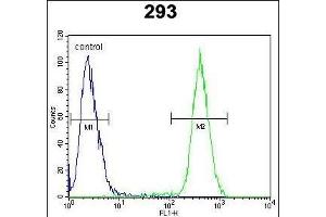 CLG Antibody (Center) (ABIN652066 and ABIN2840534) flow cytometric analysis of 293 cells (right histogr) compared to a negative control cell (left histogr). (CAMLG anticorps  (AA 111-138))