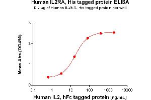 ELISA plate pre-coated by 2 μg/mL (100 μL/well) Human IL2RA Protein, His Tag (ABIN6964077, ABIN7042409 and ABIN7042410) can bind Human IL2 Protein, hFc Tag ABIN7092687, ABIN7272252 and ABIN7272253 in a linear range of 0.