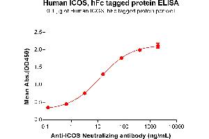 ELISA plate pre-coated by 1 μg/mL (100 μL/well) Human ICOS protein, hFc Tag (ABIN6961167, ABIN7042363 and ABIN7042364) can bind Anti-ICOS Neutralizing antibody ABIN6964425 and ABIN7272561 in a linear range of 0.