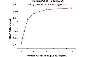 Immobilized Human VLDL R, His Tag (ABIN2181922,ABIN2181921) at 5 μg/mL (100 μL/well) can bind Human PCSK9, Fc Tag (ABIN6386430,ABIN6388267) with a linear range of 1-10 ng/mL (QC tested).