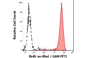 Separation of human BrdU positive cells (red-filled) from cellular debris (black-dashed) in flow cytometry analysis (intracellular staining) of BrdU incorporated K562 cells stained using anti-BrdU (Bu20a) purified antibody (concentration in sample 4 μg/mL, GAM FITC). (BrdU anticorps)