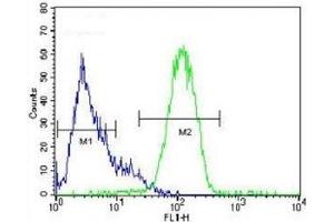 NANOG antibody flow cytometric analysis of HepG2 cells (right histogram) compared to a negative control (left histogram).