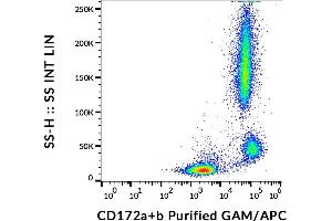 Flow cytometry analysis (surface staining) of human peripheral blood cells with anti-human CD172a/b (SE5A5) purified, GAM-APC. (CD172a/b anticorps)