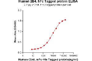 ELISA plate pre-coated by 2 μg/mL (100 μL/well) Human CD48, mFc-His tagged protein (ABIN6961089) can bind Human 2B4, hFc tagged protein (ABIN6961162) in a linear range of 62. (2B4 Protein (Fc Tag))