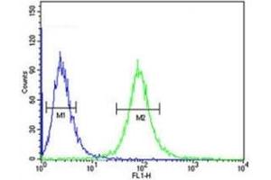 CD46 antibody flow cytometric analysis of CEM cells (green) compared to a negative control (blue).