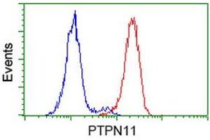 Flow cytometric Analysis of Hela cells, using anti-PTPN11 antibody (ABIN2453869), (Red), compared to a nonspecific negative control antibody, (Blue). (PTPN11 anticorps)