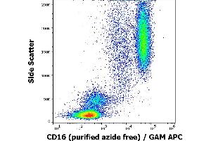 Flow cytometry surface staining pattern of human peripheral blood stained using anti-human CD16 (MEM-154) purified antibody (azide free, concentration in sample 2 μg/mL) GAM APC. (CD16 anticorps)