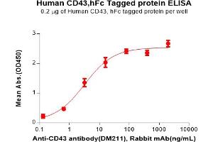 ELISA plate pre-coated by 2 μg/mL (100 μL/well) Human CD43 Protein, hFc Tag(ABIN6964395, ABIN7042521 and ABIN7042522) can bind Anti-CD43 antibody(DM211), Rabbit mAb in a linear range of 0.