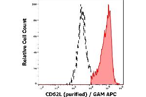 Separation of human CD62L positive lymphocytes (red-filled) from CD62L negative lymphocytes (black-dashed) in flow cytometry analysis (surface staining) of human peripheral whole blood stained using anti-human CD62L (DREG56) purified antibody (concentration in sample 1 μg/mL) GAM APC. (L-Selectin anticorps)