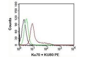 FACS testing of K562 cells: Black=cells alone; Green=isotype control; Red=Ku70 + Ku80 antibody PE conjugate (Ku70 + Ku80 anticorps)
