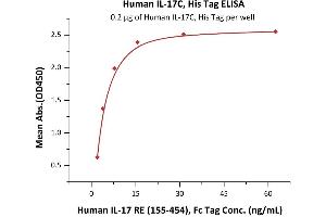 Immobilized Human IL-17C, His Tag (ABIN6950977,ABIN6952297) at 2 μg/mL (100 μL/well) can bind Human IL-17 RE (155-454), Fc Tag (ABIN6938940,ABIN6950995) with a linear range of 0.
