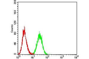 Flow cytometric analysis of Ramos cells using CD172A mouse mAb (green) and negative control (red).