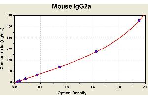 Diagramm of the ELISA kit to detect Mouse 1 gG2awith the optical density on the x-axis and the concentration on the y-axis. (IgG2a Kit ELISA)