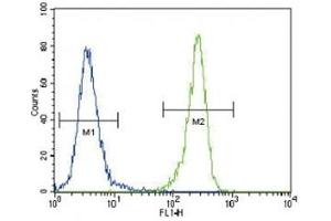 DDR1 antibody flow cytometric analysis of 293 cells (right histogram) compared to a negative control (left histogram).