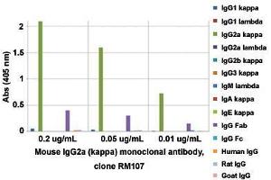 ELISA analysis of Mouse IgG2a (kappa) monoclonal antibody, clone RM107  at the following concentrations: 0. (Lapin anti-Souris Immunoglobulin Heavy Constant gamma 2A (IGHG2A) Anticorps)