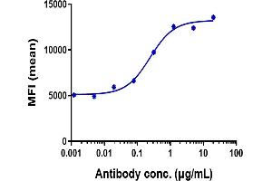 Human STAB A4 HEK293 cells were stained with Anti-STAB1 Reference Antibody (bexmarilimab) and negative control protein respectively, washed and then followed by PE and analyzed with FACS, EC50=0.