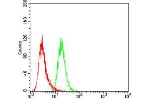 Flow cytometric analysis of Hela cells using SLINGSHOT-1L mouse mAb (green) and negative control (red).