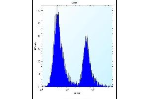 PEG10 Antibody (N-term) (ABIN656590 and ABIN2845851) flow cytometric analysis of  cells (right histogram) compared to a negative control cell (left histogram).